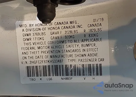 2019 Honda Civic Sport из США, поврежденный, VIN 2HGFC2F87KH533487